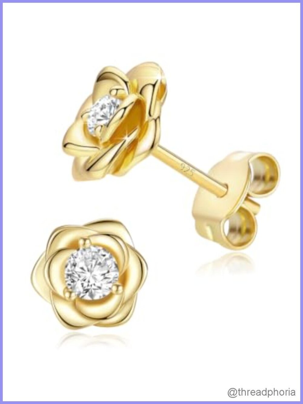 Rose Flower Crystal Stud Earrings Gold Plated CZ Hypoallergenic